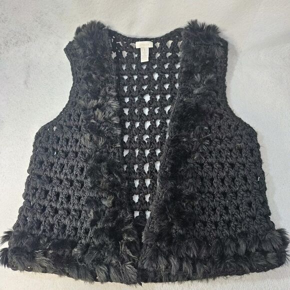 CHICOS Sz 1 Knit Black Vest Faux Fur Trim Crotchet Boho Retro - Picture 1 of 5